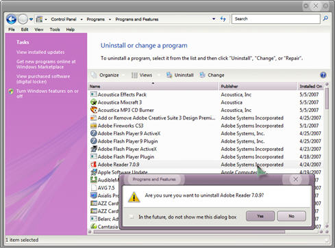 Vista uninstall area